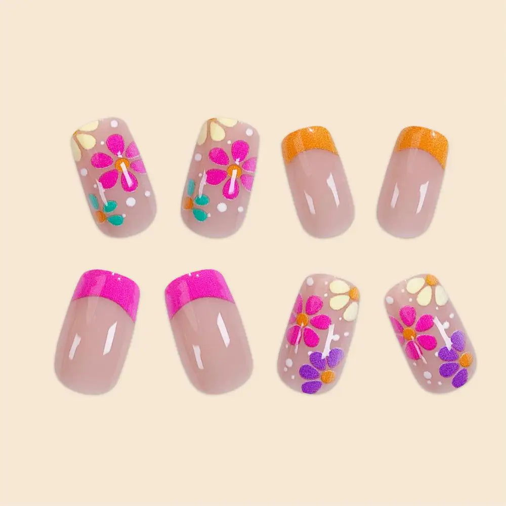 Women Girls 24Pcs/Set Middle Size quare Rose Red French Colorful Flower Full Coverage Wearable Nail Art Fake Nails
