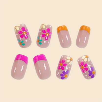 Women Girls 24Pcs/Set Middle Size quare Rose Red French Colorful Flower Full Coverage Wearable Nail Art Fake Nails