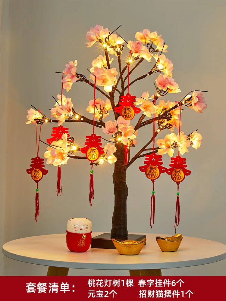 Living Room Interior Decoration Peach Tree Lantern Luminous Decorative Tree Moving into the New House Living Room Desktop Layout