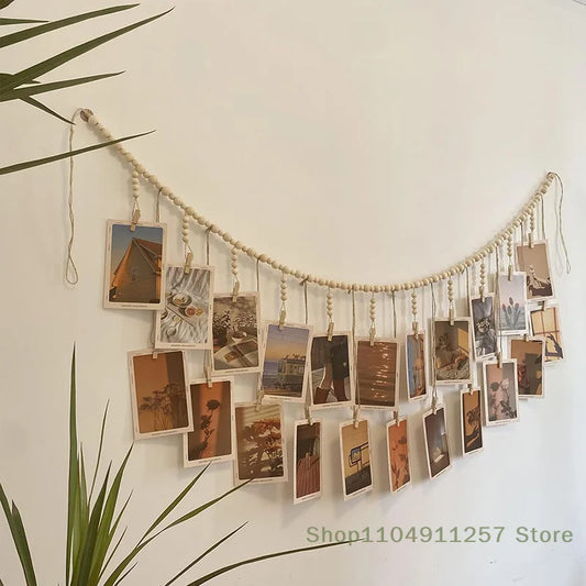 1 Pc Photo Display Wall Hanging Decor Boho Home Decoration Wooden Beads Macrame Tapestry For Wall Hanging Room Decors Aesthetic