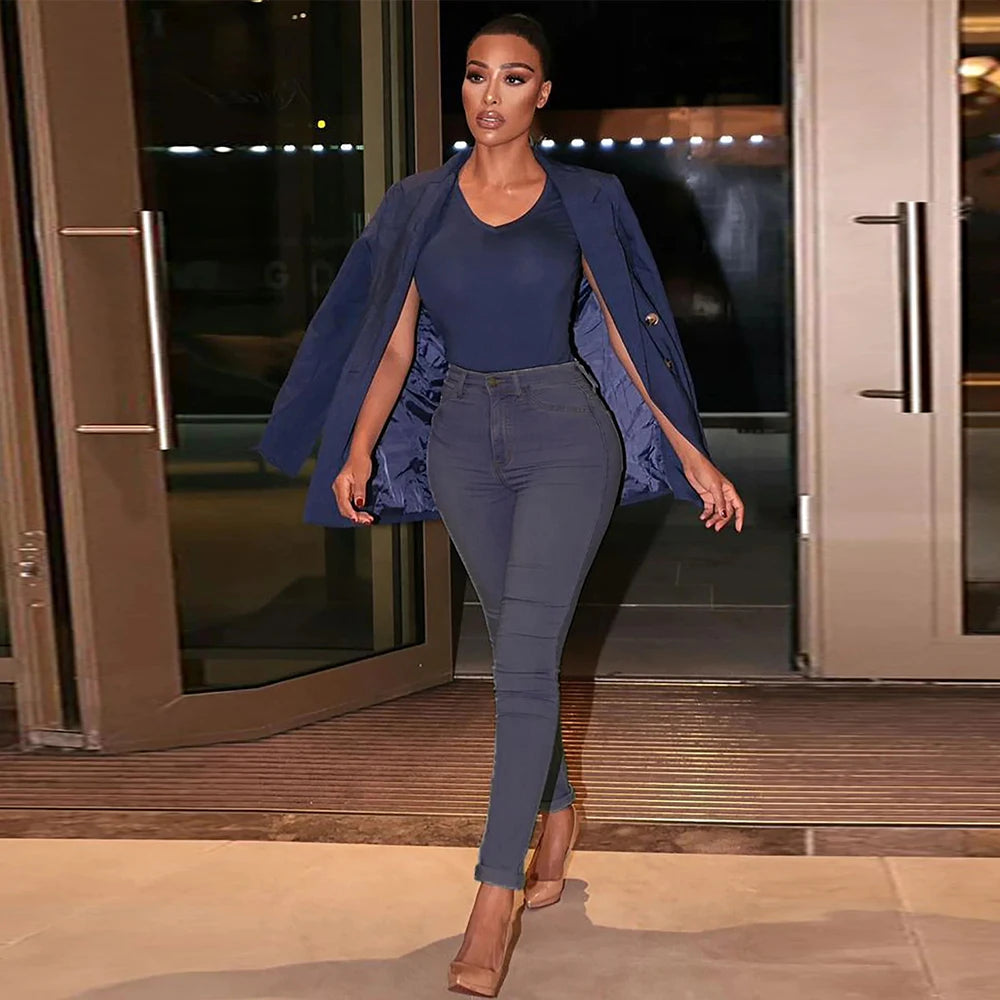 2023 New Stretch Skinny Denim Women's Jeans Mid Waist Pants Blue Retro Washed Elastic Slim Pencil Trousers