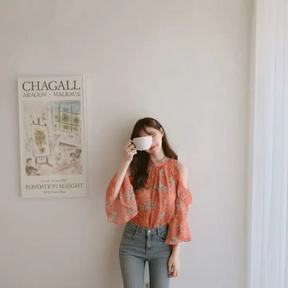 Fashion Woman Off Shoulder Blouse Shirts For Women Stylish Top long Sleeve Female Tops Elegant Chiffon Mujer Woman Clothes