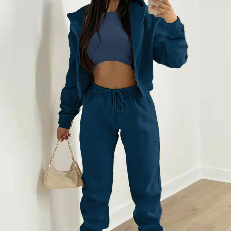 Women's 3-piece Trousers Velvet Hooded Sweatshirt Sports Casual Outfit Casual Long Sleeve Ribbed High Waist Pant Suits Sporty