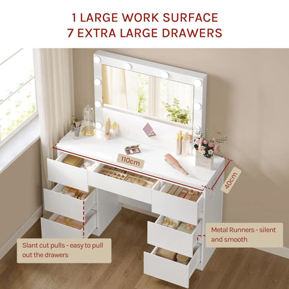 WOLTU Vanity Makeup Desk with LED Lights and Charge Socket Dressing Table with Large Mirror Modern 7 Drawers Bedroom Dresser