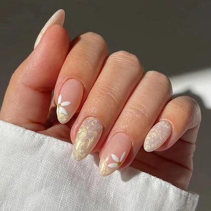 Nude Pink Almond Fake Nails Women Simple Charm Manicure Full Cover Press on Nails Bowknot Printed Detachable False Nails 24Pcs