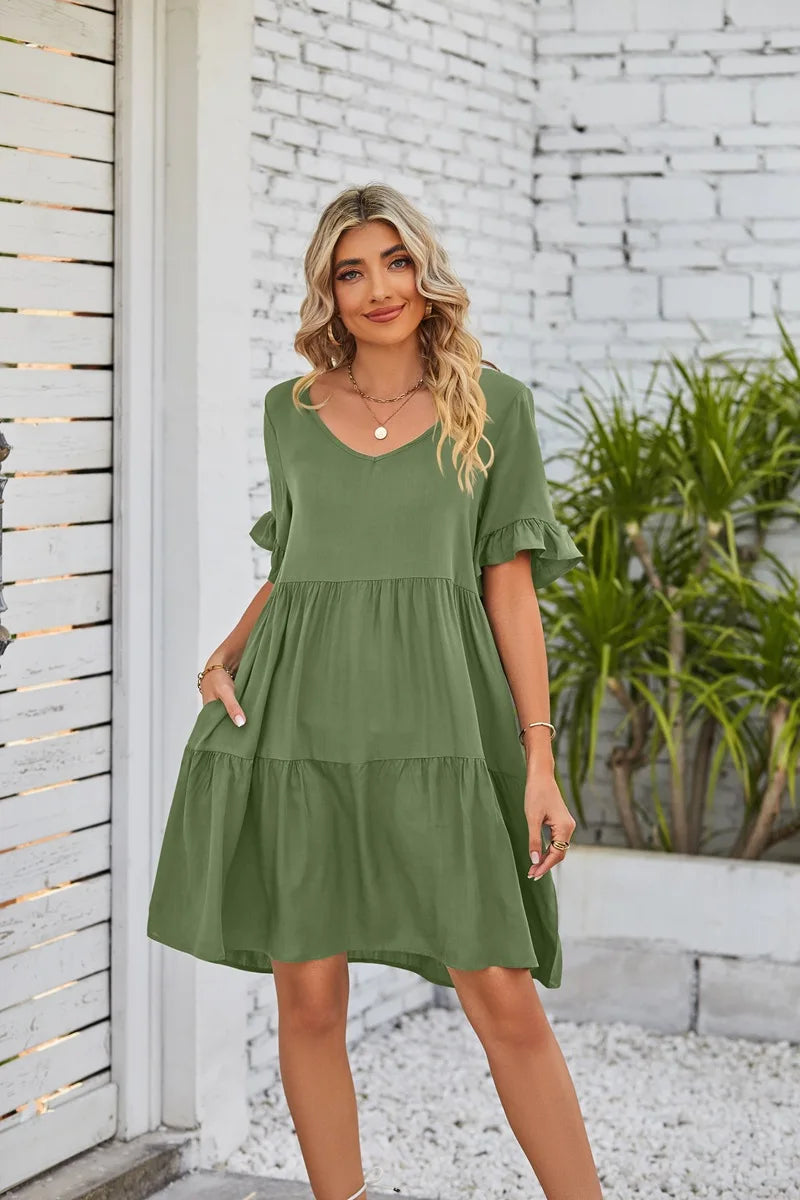 Women Clothes Summer Ruffle V Neck Short Sleeve Solid Cotton Beach Midi Dress Trendy Loose Simple Elegant Party Dresses Vestidos