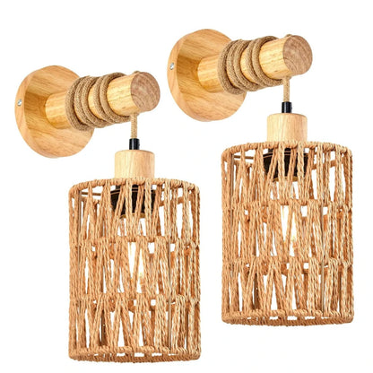 Bedroom Nursery Rattan Wall Sconces Lights Boho Wall Mount Light Fixtures Wicker Lamp