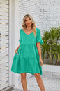 Women Clothes Summer Ruffle V Neck Short Sleeve Solid Cotton Beach Midi Dress Trendy Loose Simple Elegant Party Dresses Vestidos