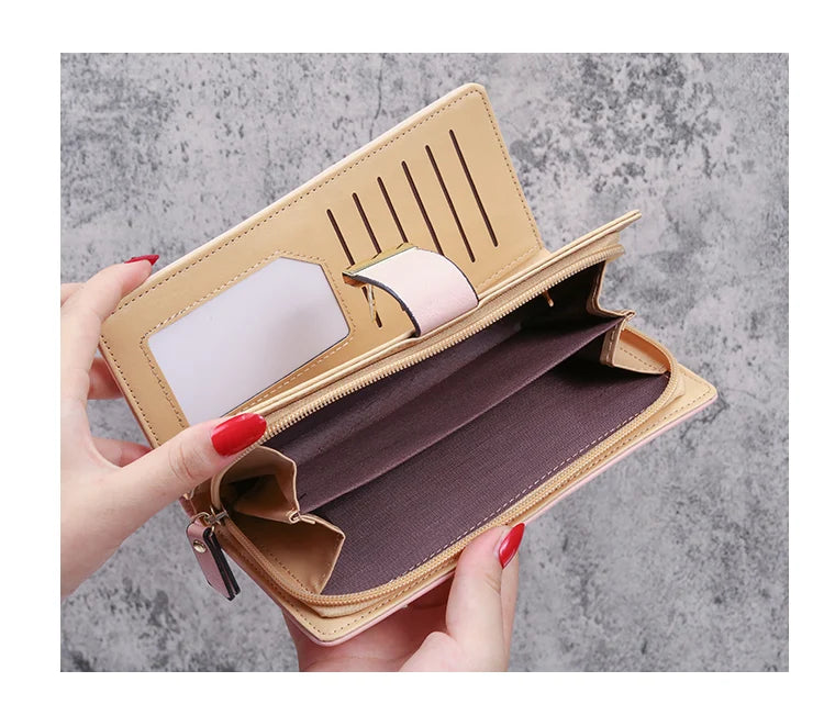 2024 new women's purse sweet lady PU leather horizontal zipper women's medium long hollow leaf purse