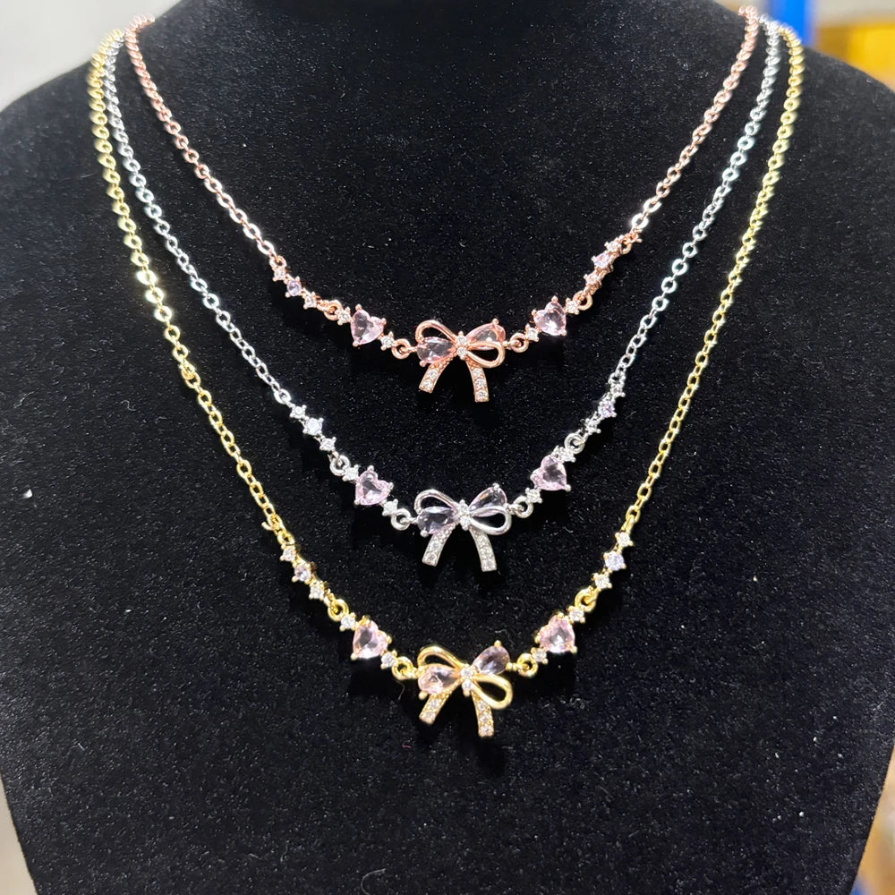 Y2K Exquisite Sweet Pink Zircon Bowknot Love Heart Chain Bracelet For Women Girls Party Birthday Jewelry Gift