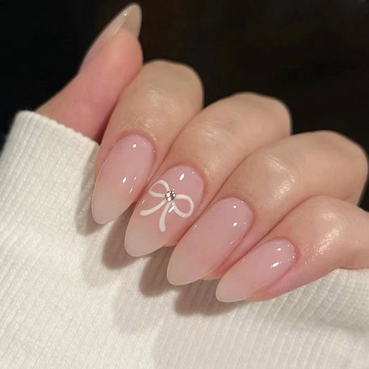 Nude Pink Almond Fake Nails Women Simple Charm Manicure Full Cover Press on Nails Bowknot Printed Detachable False Nails 24Pcs
