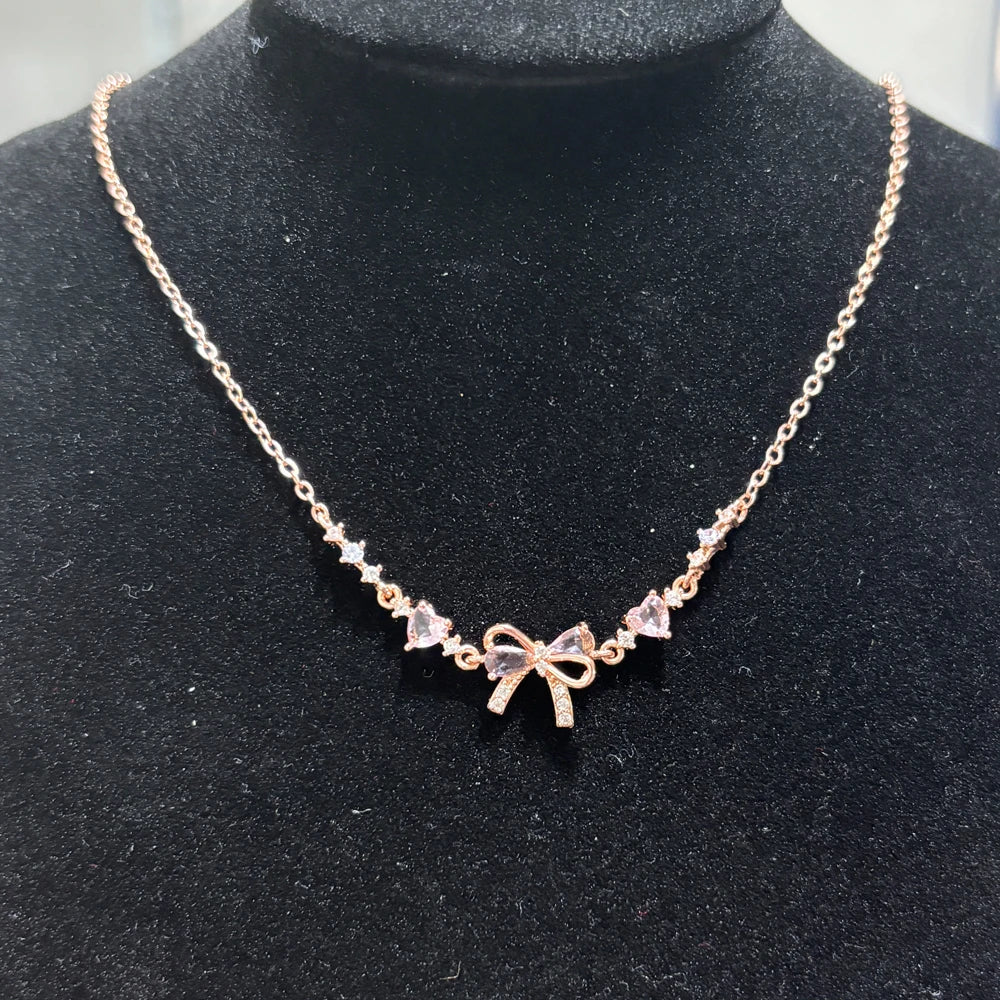Y2K Exquisite Sweet Pink Zircon Bowknot Love Heart Chain Bracelet For Women Girls Party Birthday Jewelry Gift