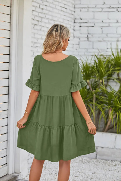 Women Clothes Summer Ruffle V Neck Short Sleeve Solid Cotton Beach Midi Dress Trendy Loose Simple Elegant Party Dresses Vestidos