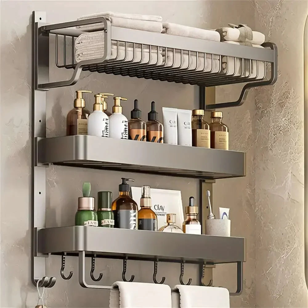 Bathroom Space Storage Towel Items Storage Rack Shampoo Bottle Mouthwash Cup Triple Shelf Wall Hooks Bathroom Accessories