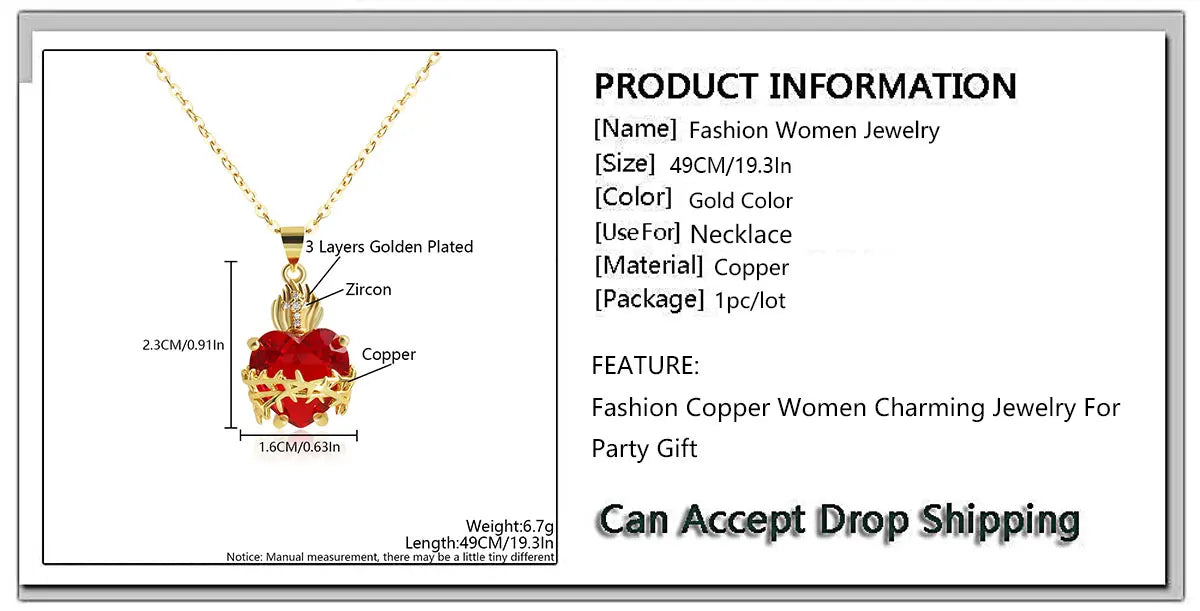 MHS.SUN Gold Plated Sacred Heart of Jesus Cross Necklace Red Zircon Religious Catholic Pendant Necklaces For Women Girls Jewelry