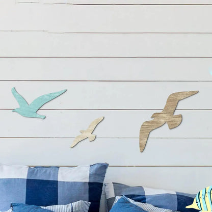 3 Pieces Wooden Seagull Wall Decor Theme Art Beach Themed Home Decoration for Dorm Indoor/Outdoor Background Hallway