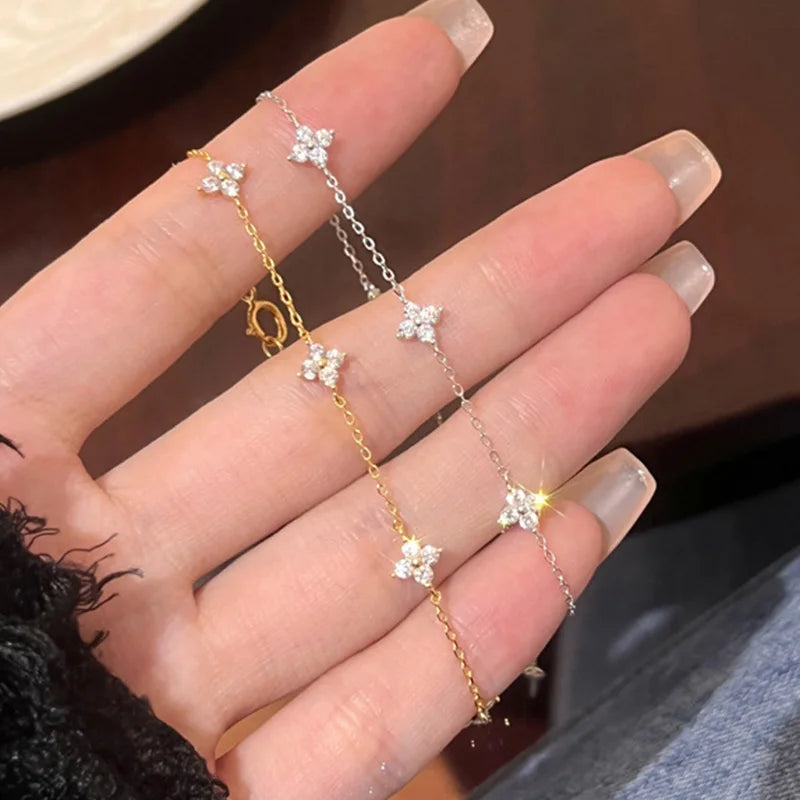 925 Silver Plated Four Leaf Flower 18k Gold Zircon Bracelet For Women Temperament Exquisite Adjustable Link Chain Jewelry Gifts