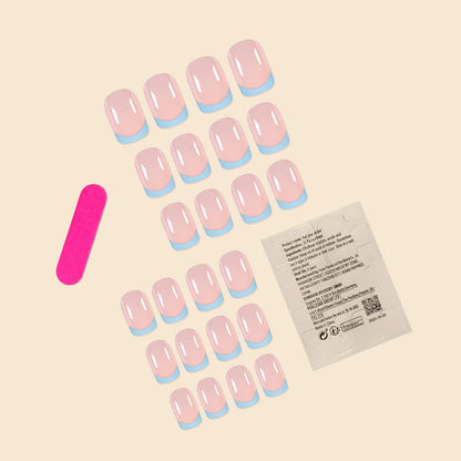 24Pcs/Set Women Girls Short French Light Blue Pink Dual Color Glossy Surface Full Coverage Wearable Fake Nail Press on Nail Art