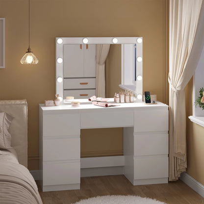 WOLTU Vanity Makeup Desk with LED Lights and Charge Socket Dressing Table with Large Mirror Modern 7 Drawers Bedroom Dresser