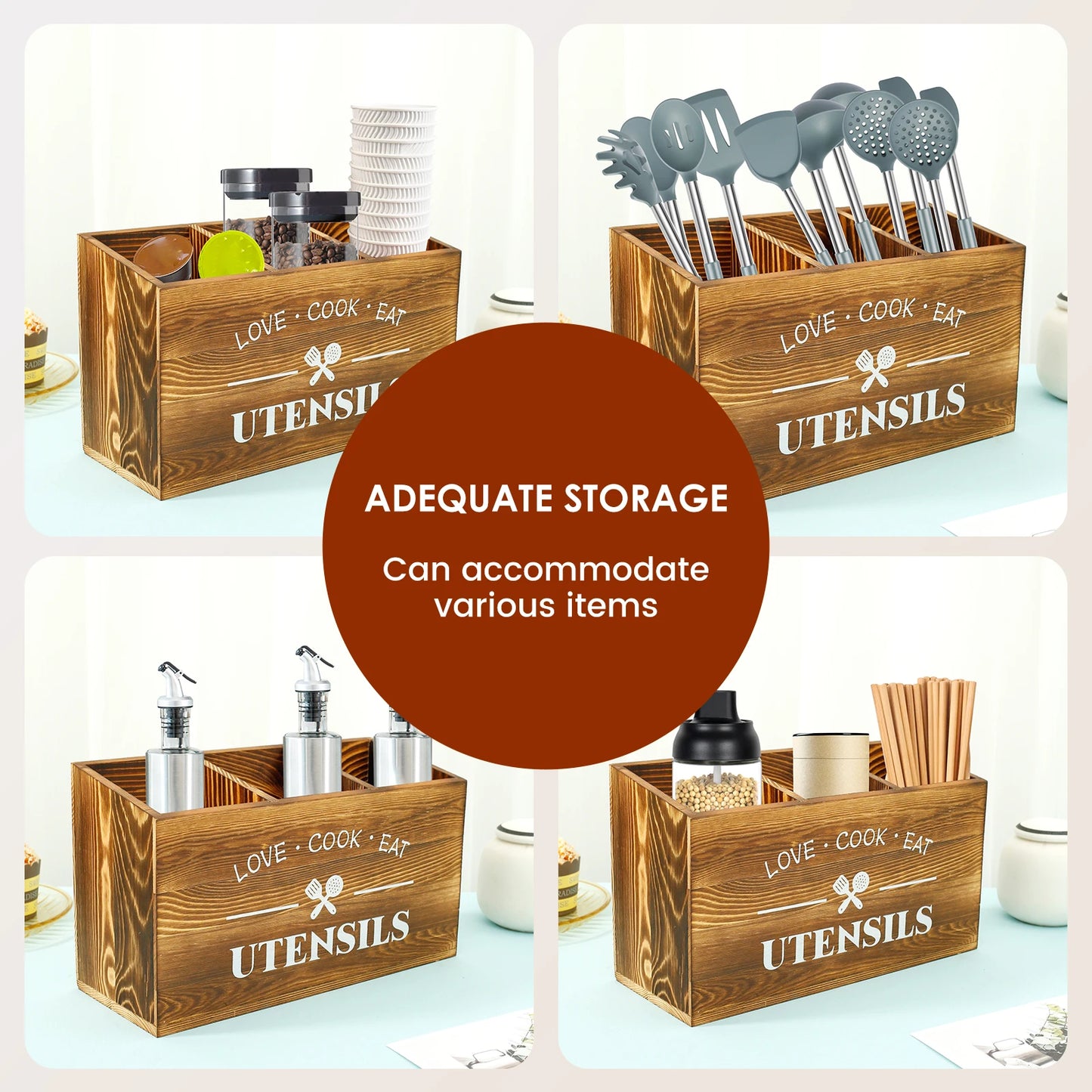 Kitchen Countertop Organizer and Cooking Tools Storage Wooden Kitchen Utensil Holder 3 Compartments Sturdy Silverware Holder