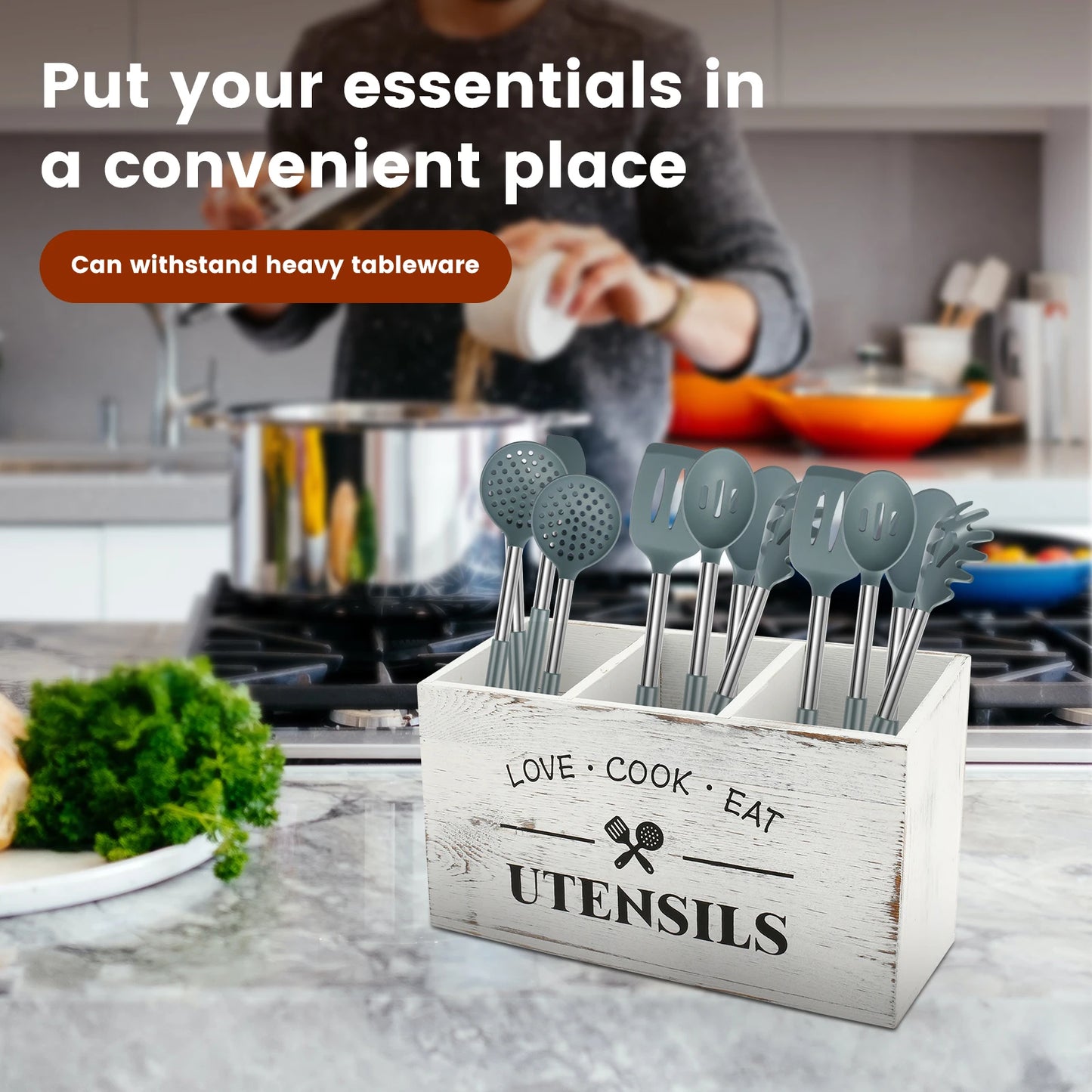 Kitchen Countertop Organizer and Cooking Tools Storage Wooden Kitchen Utensil Holder 3 Compartments Sturdy Silverware Holder