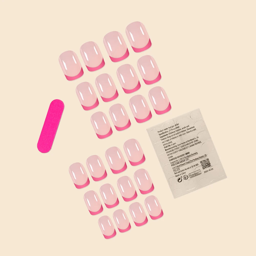 24Pcs/Set Women Girls Short French Light Blue Pink Dual Color Glossy Surface Full Coverage Wearable Fake Nail Press on Nail Art