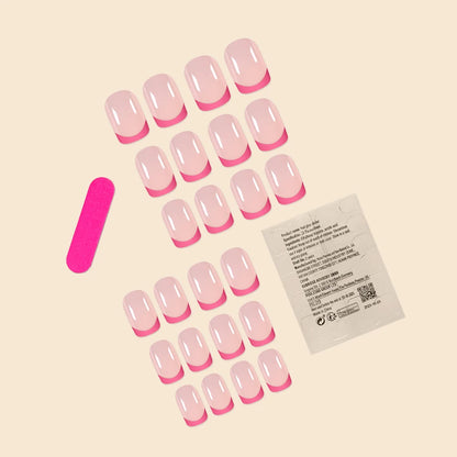 24Pcs/Set Women Girls Short French Light Blue Pink Dual Color Glossy Surface Full Coverage Wearable Fake Nail Press on Nail Art