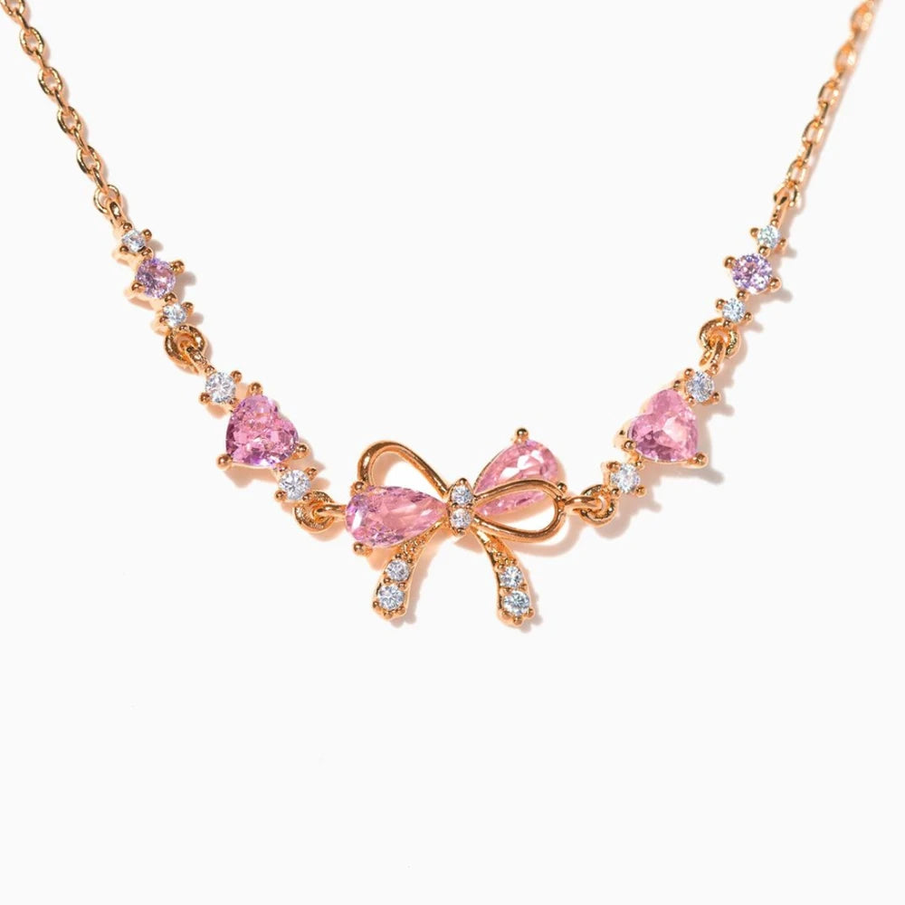 Y2K Exquisite Sweet Pink Zircon Bowknot Love Heart Chain Bracelet For Women Girls Party Birthday Jewelry Gift