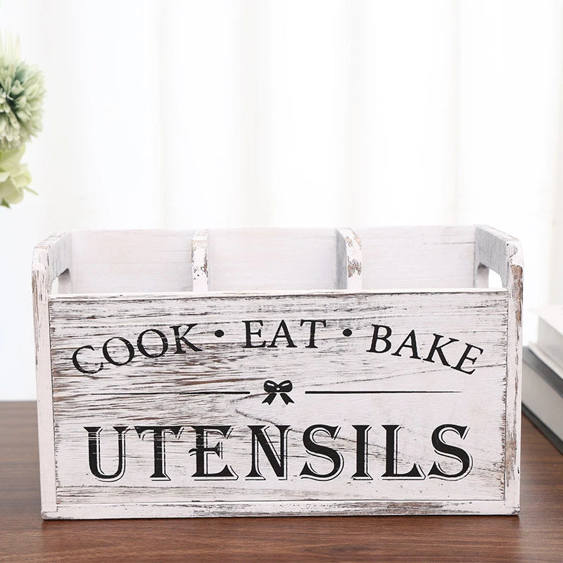 1pc Kitchen With Compartmentalized Cutlery Storage Rack, Rustic Style Wooden Countertop Organizer, Kitchenware Accessories