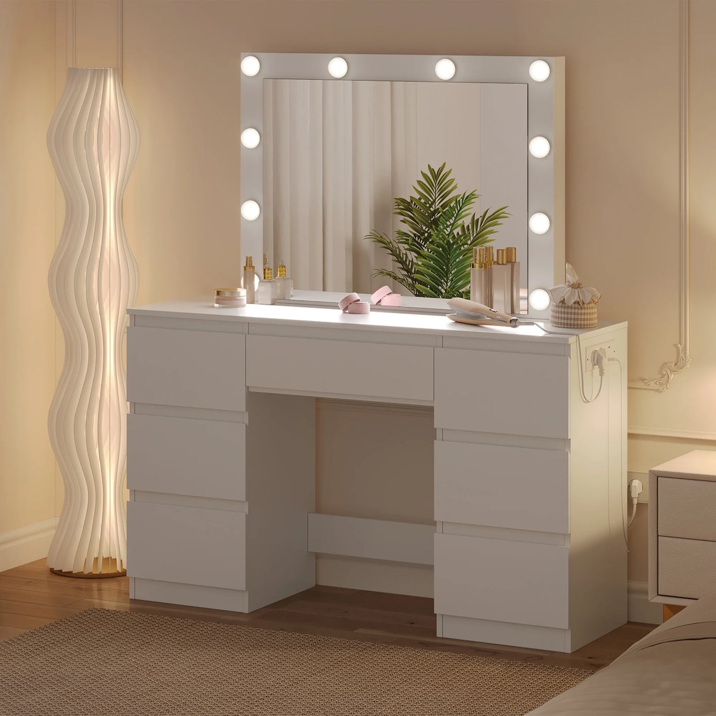 WOLTU Vanity Makeup Desk with LED Lights and Charge Socket Dressing Table with Large Mirror Modern 7 Drawers Bedroom Dresser