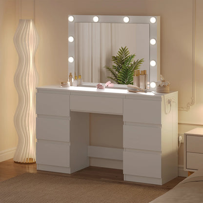 WOLTU Vanity Makeup Desk with LED Lights and Charge Socket Dressing Table with Large Mirror Modern 7 Drawers Bedroom Dresser
