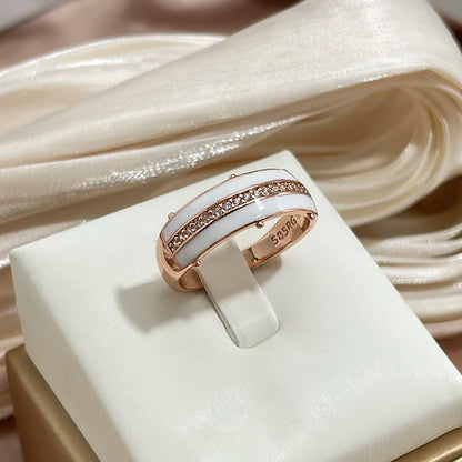 SYOUJYO White Enamel Rings For Women Natural Zircon Full Paved 585 Rose Gold Color Glossy Simple Stylish Daily Wear Jewelry