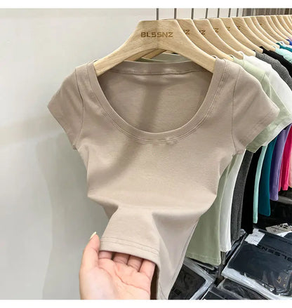 Women's Clothing U-neck T-Shirts Tops Tees pure cotton shoulder sleeved summer solid color slimming short low neck bottom shirt