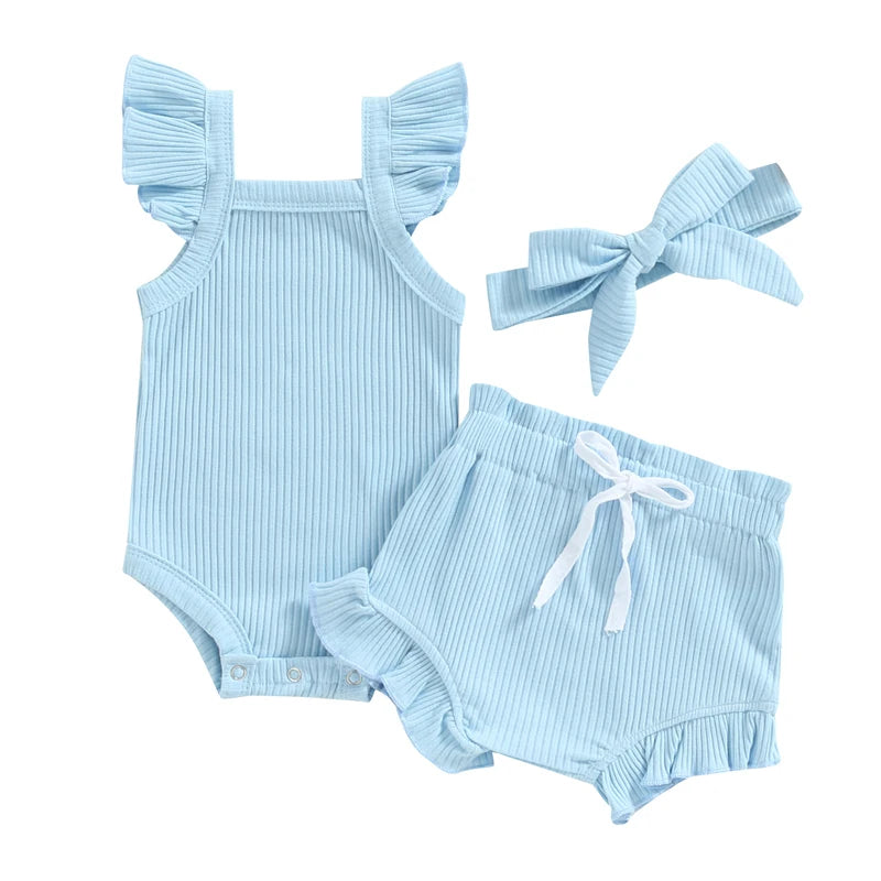 Newborn Baby Girl Clothes Summer Outfit Ruffle Sleeveless Knit Romper Top Bloomer Shorts Set
