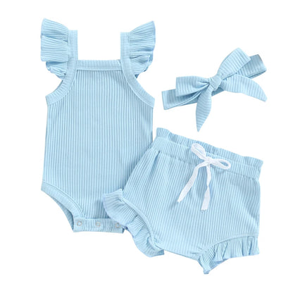 Newborn Baby Girl Clothes Summer Outfit Ruffle Sleeveless Knit Romper Top Bloomer Shorts Set