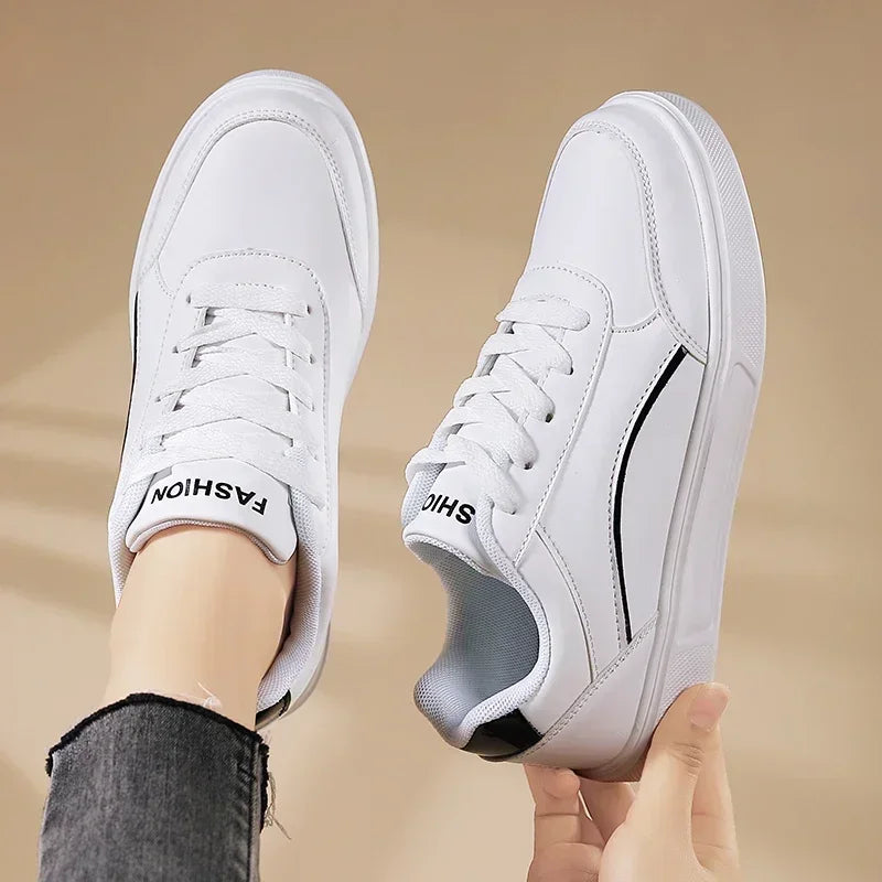 Women Casual Shoes Lace Up White Shoes Board Flat Female White PU Leather Walking Sneakers Thick Sole Outdoor Luxury Fashion