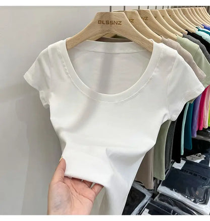 Women's Clothing U-neck T-Shirts Tops Tees pure cotton shoulder sleeved summer solid color slimming short low neck bottom shirt