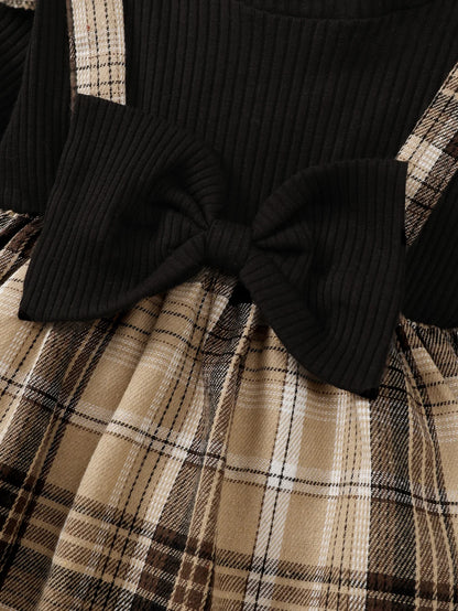 New Baby Girl Spring And Autumn Black Checkered Fake Two-piece Big Bow Headband Dress For Daily Outdoor Wear