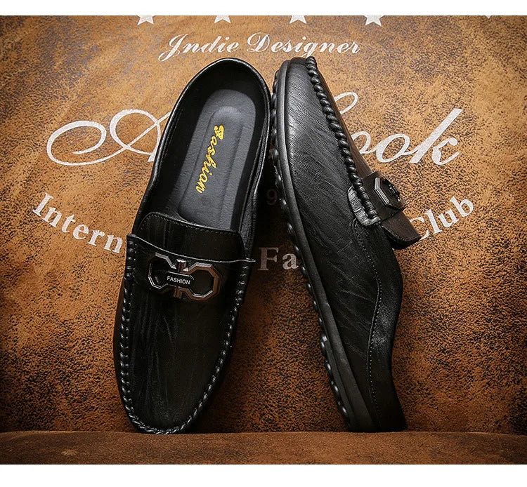 Designer Men Slippers Luxury Leather Casual Shoes for Men Breathable Soft Soled Loafers Fashion British style Men Half Slippers