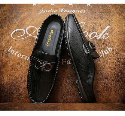 Designer Men Slippers Luxury Leather Casual Shoes for Men Breathable Soft Soled Loafers Fashion British style Men Half Slippers