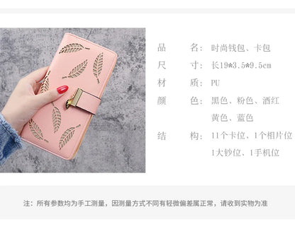 2024 new women's purse sweet lady PU leather horizontal zipper women's medium long hollow leaf purse