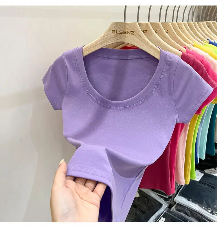 Women's Clothing U-neck T-Shirts Tops Tees pure cotton shoulder sleeved summer solid color slimming short low neck bottom shirt