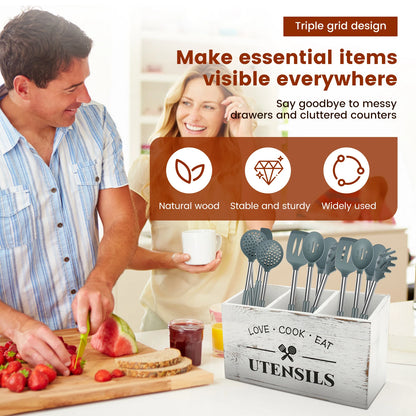 Kitchen Countertop Organizer and Cooking Tools Storage Wooden Kitchen Utensil Holder 3 Compartments Sturdy Silverware Holder