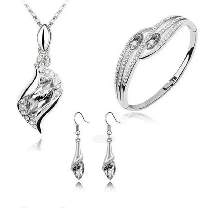 Luxury 925 Sterling Silver Crystal Zircon Pendant Necklace Earring Bracelet Set for Women Girl Wedding Party Trendy Jewelry Gift