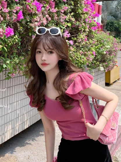 Women Clothes Summer Casual Fashion Simplicity Solid Color V-neck Tops Women's Trend All-match Sweet Temperament Slim T-Shirt