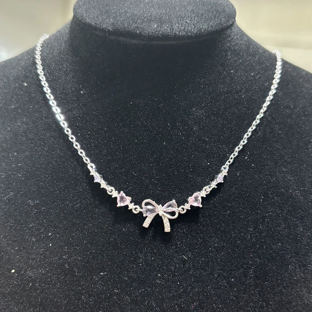 Y2K Exquisite Sweet Pink Zircon Bowknot Love Heart Chain Bracelet For Women Girls Party Birthday Jewelry Gift