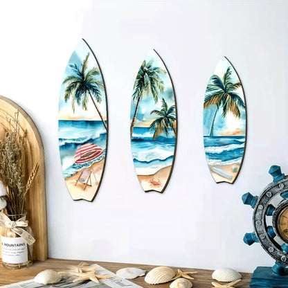 Set of 3 Handcrafted Wooden Surfboard Wall Decor - Coastal Beach Themed Hanging Plaques for Summer Home & Patio Design