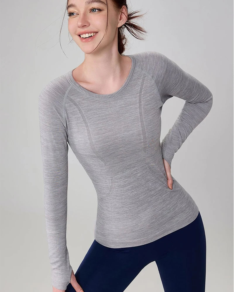 Yoga Clothes for Women, Sports Tops, Round Neck,, Seamless, Slim, Running Shirt Fitness Workout Long Sleeves Gym T shirt, Winter