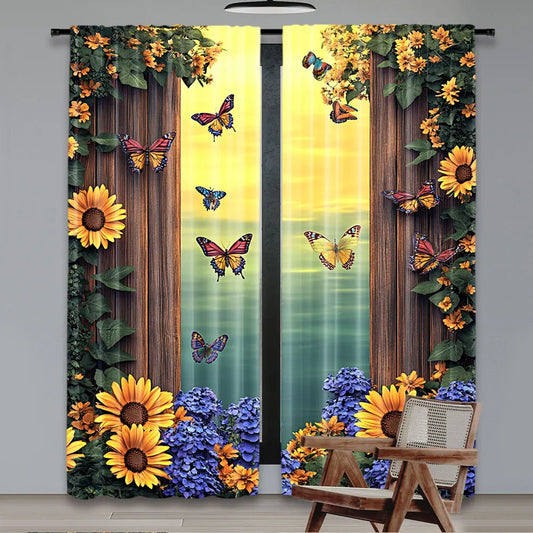 2Pcs Vibrant Sunflower Patterned Butterfly Curtains Stylish Home Decor Suitable For Bedroom Bathroom Living Room Dining Room