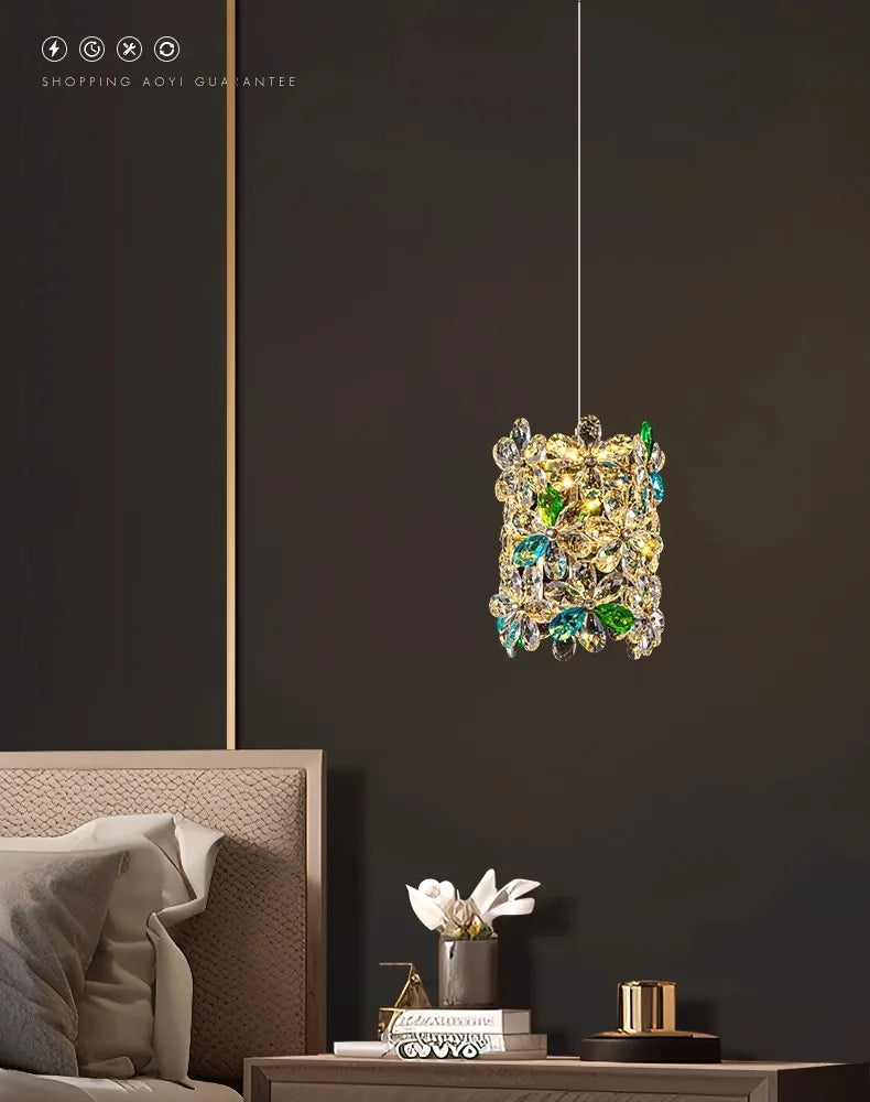 Bedroom Bedside Lamp Crystal Small Chandelier French Flower Light Luxury Entrance Cabinet Restaurant Cloakroom Hanging Line Lamp